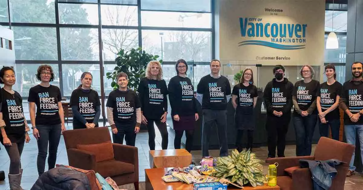 Animal advocates in Vancouver demanding a ban on foie gras and force feeding 
