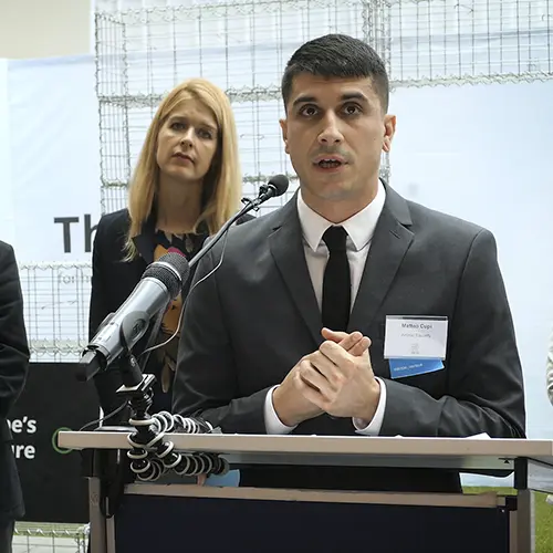 Matteo Cupi speaking at the European Parliament